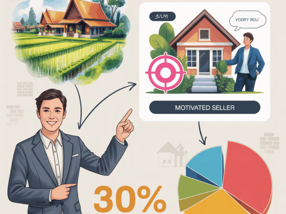 อินโฟกราฟิกแนวสีน้ำ แสดงแนวคิด “ฟาร์ม – คัดทรัพย์ – ครองพื้นที่” สำหรับนายหน้าอสังหาฯ โดยใช้ภาพจำลองเปรียบเทียบกับ ส.ส. เขต, เป้าการขาย และการมีลิสติง 30% ในตลาด