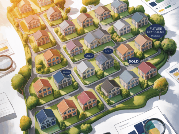 แผนที่ชุมชนแบบสีน้ำ แสดงพื้นที่อสังหาริมทรัพย์ในประเทศไทย พร้อมสัญลักษณ์บ้าน ทาวน์เฮาส์ คอนโด ราคาขาย และการวางแผนพัฒนาในอนาคต