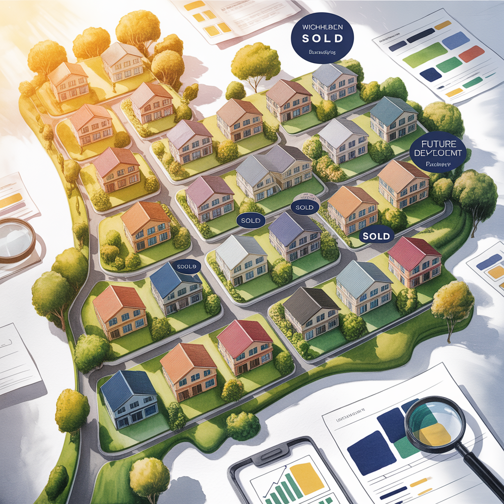 แผนที่ชุมชนแบบสีน้ำ แสดงพื้นที่อสังหาริมทรัพย์ในประเทศไทย พร้อมสัญลักษณ์บ้าน ทาวน์เฮาส์ คอนโด ราคาขาย และการวางแผนพัฒนาในอนาคต