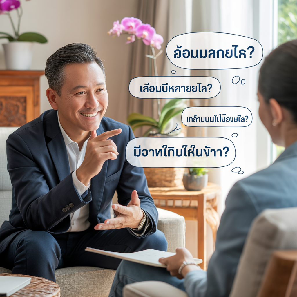 นายหน้าถามคำถามเชิงลึก “ซ่อมแซมอะไร?”, “มีอะไรต้องแจ้ง?”, “เพื่อนบ้านเป็นยังไง?”, “มีอะไรที่ผมยังไม่ได้ถาม?” เพื่อเก็บข้อมูลจากผู้ขายอย่างมืออาชีพ