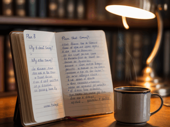 สมุดจดคำถามเชิงลึก เช่น “ทำไมเป็นช่วงเวลานั้น?” และ “แผนสำรองคืออะไร?” พร้อมกาแฟบนโต๊ะ — สื่อถึงการเตรียมใจและการฟังอย่างเข้าใจ