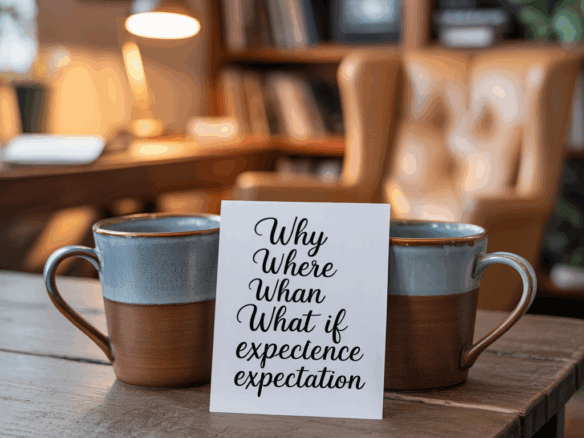 โต๊ะทำงานไม้สองแก้วกาแฟ พร้อมกระดาษคำถาม 6 หมวด (Why, Where, When, What if, Experience, Expectation) บรรยากาศสงบนิ่ง เตรียมพร้อมสำหรับการฝึกก่อนเจอผู้ขาย