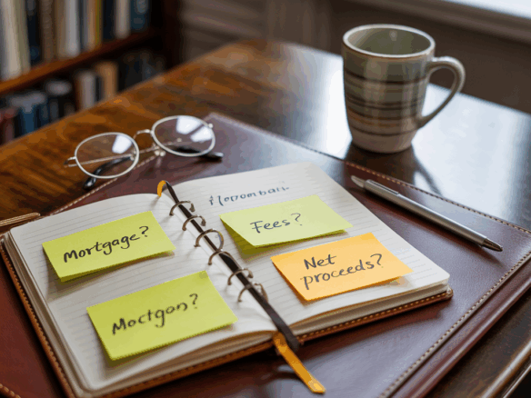 สมุดจดคำถามการเงิน เช่น “สินเชื่อ? ค่าธรรมเนียม? เงินเหลือจริง?”, พร้อมแก้วนํ้าและแว่นตาบนโต๊ะ — สไตล์มืออาชีพในพื้นที่ทำงาน